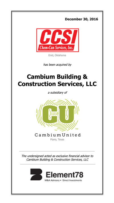 Cambium Building & Construction Services, LLC purchases Chem-Can Services, Inc.