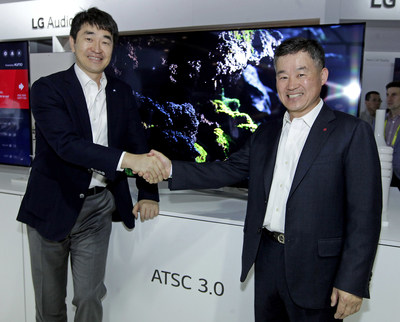 LG Electronics is launching the first ATSC 3.0-equipped 4K Ultra HD TVs in Korea as SBS and other Korean broadcasters begin Next Gen TV broadcasting this spring in advance of the 2018 Winter Olympics.  At CES 2017, Suk-Mynn Yoon, CEO and Vice Chairman of SBS Media Holdings, (left) was briefed by Dr. Jong Kim, Senior Vice President, LG Electronics Office of the CTO and President, of LG's Zenith R&D Lab.