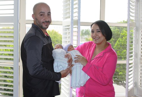 Khalid Elbayoumy and Nadine Motaweh, parents of newborn twins Saif (left) and sister Jada-the 75,000th-plus babies delivered at The Women's Hospital at Saddleback Memorial Medical Center in Laguna Hills, Calif. in their LDRP (Labor, Delivery, Recovery, Post-Partum) Suite at the hospital, with state-of-the-art care and equipment in the comfort of 39 private obstetrical suites.