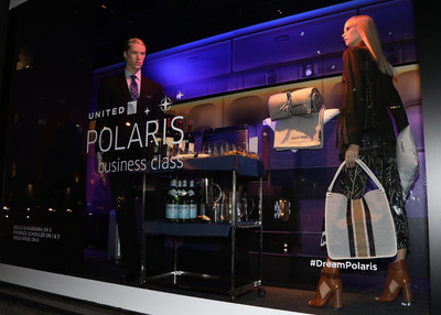 United Polaris business class takes over the windows at Saks Fifth Avenue in New York City. Entitled "Now Arriving," the 14 storefront windows display a replica of a United Airlines plane. The center six windows feature a re-creation of the United Polaris business class experience, including actual United Polaris seats, which will debut on flights in February, and the cabin's custom Saks Fifth Avenue bedding suite.