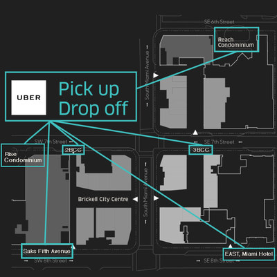 Map of Brickell City Centre's designated Uber pick-up and drop-off zones