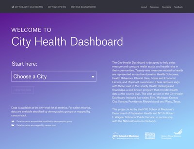 The homepage of the City Health Dashboard, a new resource for city leaders seeking reliable health data.  http://www.cityhealthdashboard.com