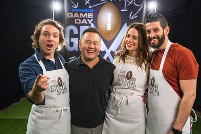 From left to right: Contestant Frankie Celenza, Host Jet Tila, Contestant Megan Mitchell, and Contestant Josh Elkin. Courtesy: PepsiCo Game Day Grub Match