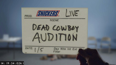 Image from SNICKERS(R) new Super Bowl ad trailer, titled "Dead Cowboy Casting."