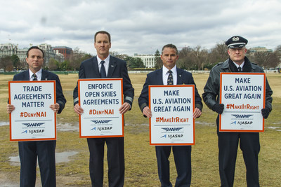 NJASAP and SWAPA leaders are pictured in front of the White House during the #MakeItRight Pilot Support Rally that drew more than 140 NetJets and Southwest pilots, flight attendants and mechanics to urge President Donald Trump to reverse an eleventh-hour Obama administration decision to grant a foreign air carrier permit to Norwegian Air International (NAI). Pictured (l-r) NJASAP President FO Pedro Leroux, SWAPA Governmental Affairs Committee Chair FO Chip Hancock, NJASAP Industry Affairs Committee Chair Capt. Coley George, and SWAPA Vice President Capt. Mike Panebianco.