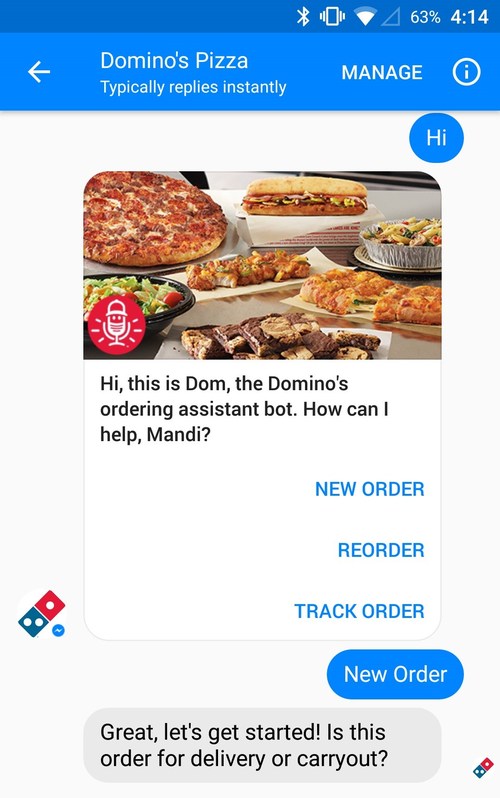 Customers can now place any order for any menu item they'd like on Facebook Messenger, just in time for Feb. 5 - one of Domino's busiest delivery days of the year. Domino's is the first national pizza chain to have full ordering capabilities on Messenger.