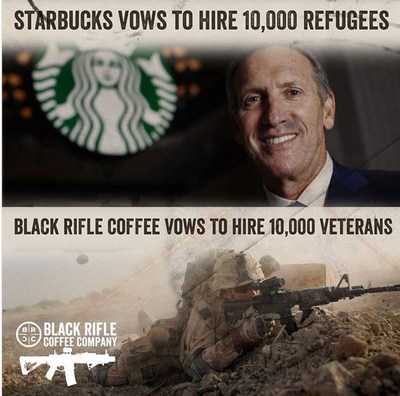 Veteran-owned and operated Black Rifle Coffee Company encourages 10,000 veterans to seek employment, training and or aid through them directly, as Starbucks has failed the military community in the hiring space.