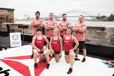 Athletes Marcus Bondi, Ricky Garard, Rob Forte, Ben Garard, Sammy Wood, Maddie Sturt and Kara Webb (L to R) ahead of their Guinness World Record attempts in Sydney