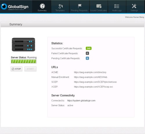 GlobalSign's Auto Enrollment Gateway summary dashboard