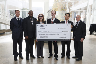 From left, Timothy Potts, Director, J. Paul Getty Museum, Irving Raphael, General Manager, Genesis USA, Maria Hummer-Tuttle, Chairman of the Board of Trustees, J. Paul Getty Trust, Jerry Flannery, President and CEO, Genesis Motor America, Harry Han, Chief Executive Coordinator, Genesis Motor America and Jim Cuno, President and CEO, J. Paul Getty Trust accept an arts education grant from Genesis Motor America at the J. Paul Getty Museum on Tuesday, February 14, 2017, in Los Angeles, California. (Photo by Ryan Miller/Capture Imaging)