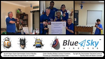 LEFT: Pastor Clayton demonstrates Takeoff, Flying and Landing Control of BlueSky Wireless Flying Robot with Amazing Magic 'Empty Hand Through Empty Air' Controller. CENTER: Inventors Consortium Member pose with Inventions thanking BlueSky Wireless for Licensing 4 Inventions. Proceeds go to Non-Profit Hope For Homeless Youth Rehabilitation Shelter. RIGHT: Boy Demonstrates Total Aerial Control of BlueSky Robot from up to 30 feet away by simply pointing with Blaster Controller and pressing trigger