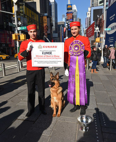 Cunard presents Rumor, a German shepherd, winner of Westminster Kennel Club's "Best in Show," and her family with a sailing on Queen Mary 2 during a photo op in New York's Times Square, Wednesday, Feb. 15, 2017. Cunard, a first-time sponsor of the Westminster show, is the only passenger liner to carry pets across the Atlantic on its signature Transatlantic Crossing. (Photo by Diane Bondareff/Invision for Cunard/AP Images)