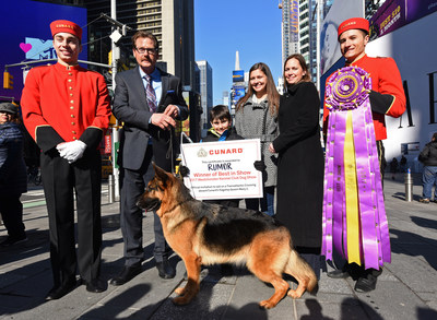 Cunard presents Rumor, a German shepherd, winner of Westminster Kennel Club's "Best in Show," and her family, Kent Boyles, Daniel Oster, Maria Oster and Liz Oster, left to right, with a sailing on Queen Mary 2 during a photo op in New York's Times Square, Wednesday, Feb. 15, 2017. Cunard, a first-time sponsor of the Westminster show, is the only passenger liner to carry pets across the Atlantic on its signature Transatlantic Crossing. (Photo by Diane Bondareff/Invision for Cunard/AP Images)