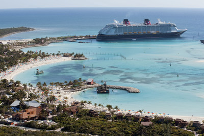 The Disney Dream docks at Castaway Cay, Disney's private island in the Bahamas, reserved exclusively for Disney Cruise Line guests. In a setting of crystal-clear turquoise waters, powdery white-sand beaches and lush landscapes, the 1,000-acre island offers one-of-a-kind areas and activities for every member of the family. (David Roark, photographer)
