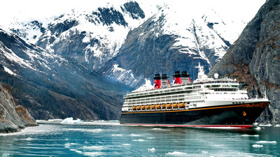 In 2018, Disney Cruise Line guests can set sail to Alaska on variety of five-, seven- and nine-night itineraries departing from Vancouver, Canada. Pictured here, the Disney Wonder sails through Alaska's Tracy Arm Fjord. (Kent Phillips, photographer)