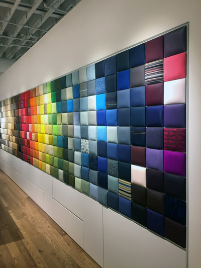 A 30-foot-long material and color spectrum called the Swatch Wall comprises hundreds of wall-mounted upholstery tiles and offers a glimpse of the more than 3,000 custom options available from Maharam, Knoll(R), Edelman(R) Leather, Spinneybeck(R) and more.