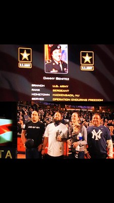 A Wounded Warrior Project veteran and his family are honored during a game.