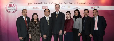 Partners at the JNA Awards 2017 Open for Entries Presentation. (From left) Jim Li of Guangdong Gems & Jade Exchange; Letitia Chow of UBM Asia; Kent Wong of Chow Tai Fook Jewellery Group Ltd; Wolfram Diener of UBM Asia; Rita Maltez of Rio Tinto Diamonds; Caroline Yuan of Shanghai Diamond Exchange; Zheng Liu of Guangdong Land Holdings Limited; and Peter Suen of Chow Tai Fook Jewellery Group Ltd