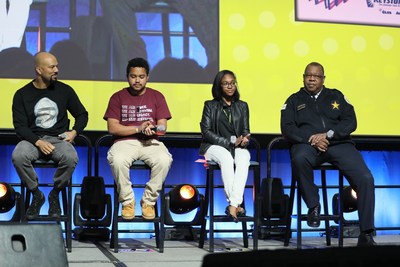 (L to R) Grammy and Oscar winner Common, Houston Keystone Teen Kivin Gant; Washington, D.C. Keystone Teen Erikah Moore; and Chicago Police Department Deputy Chief of Community Relations Eric Washington led a discussion with 2,500 teens attending the Keystone Conference, sponsored by Boys & Girls Clubs of America and Aaron's, Inc., and share ideas on how teens can engage in meaningful conversations with local leaders including law enforcement officials.
