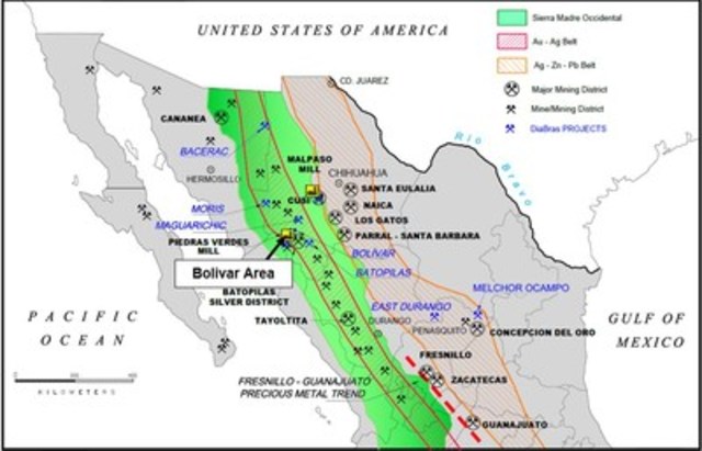 Figure 5. – Overview of Location of Bolivar mine relative to other important mines in Mexico (CNW Group/Sierra Metals Inc.)