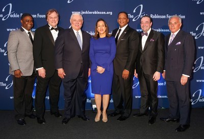 L to R: Daryl Graham, VP of Philanthropy, Strada Education Network; William D. Hansen, president and CEO of Strada Education Network; Marshall C. Grigsby, Strada Education Board of Directors; Della Britton Baeza, President and CEO of Jackie Robinson Foundation; Gregg A. Gonsalves,  JRF Chairman of the Board of Directors; Ziad Ojakli, Jackie Robinson Foundation Board of Directors; Joseph J. Plumeri, Jackie Robinson Foundation Board of Directors and Chairman of the Jackie Robinson Museum Legacy Campaign.