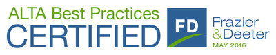 OS National LLC, national title provider, achieves the American Land Title Association (ALTA) Title Insurance and Settlement Company Best Practices third party certification by Frazier & Deeter CPAs & Advisors, one of the nation's largest CPA firms and ALTA Elite Provider.