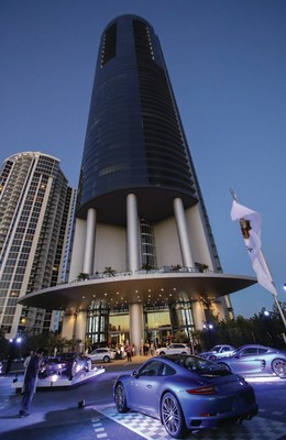 A view of the impressive Porsche Design Tower and its west-facing Sunset Terrace.