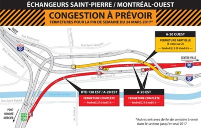 Projet Turcot à Montréal - Entraves majeures sur l'autoroute 20 dans le secteur des échangeurs Saint-Pierre et Montréal-Ouest à compter de la fin de semaine du 24 mars