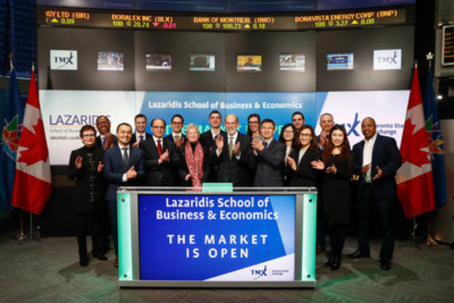 Micheál Kelly, Dean, Lazaridis School of Business & Economics, Wilfrid Laurier University joined Eric Sinclair, President, TMX Datalinx and Group Head of Information Services, TMX Group to open the market to celebrate the Lazaridis School's 50th anniversary. Located in Waterloo, Ontario, The Lazaridis School prepares its students to be adaptive thinkers through immersive educational programming, such as the Lazaridis business degree co-op program. Graduates are prepared to lead in a world of ever-changing complexity, highlighted by the success stories of more than 2,000 alumni founders and 500 alumni who currently work in Canadian businesses as presidents and CEOs. (CNW Group/Toronto Stock Exchange)