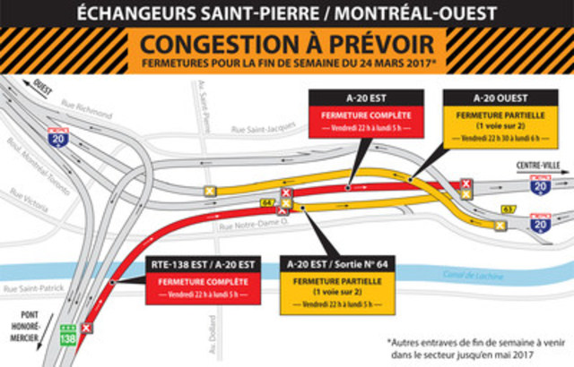 Projet Turcot à Montréal - MODIFICATION - Entraves majeures sur l'autoroute 20 dans le secteur des échangeurs Saint-Pierre et Montréal-Ouest à compter de la fin de semaine du 24 mars