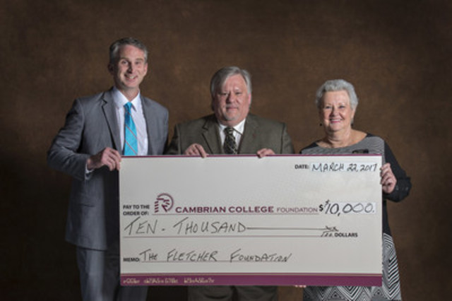 Carol and George Fletcher Foundation trustee David Saunders, C.E.T., (center) presents $10,000 gift to Cambrian College president Bill Best (left) and Cambrian Foundation director Darlene Palmer. (CNW Group/OACETT - Ontario Association of Certified Engineering Technicians & Technologists)