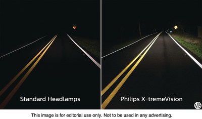 Philips Upgrade Headlight Bulbs (right) can put out up to 100 percent more light on the road than standard halogen bulbs (left).