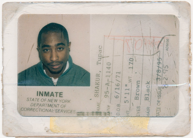 The prison identification card carried by rap artist Tupac Shakur during his incarceration at the Clinton Correctional Facility in New York 1994-95. Producer Suge Knight posted his bail in exchange for a three-record contract. The identification, as well as the record contracts, will be sold at "The Black Heritage Auction" in Brooklyn, N.Y. on April 7th, 2017, the same day Shakur will be inducted into the Rock & Roll Hall of Fame a few blocks away.