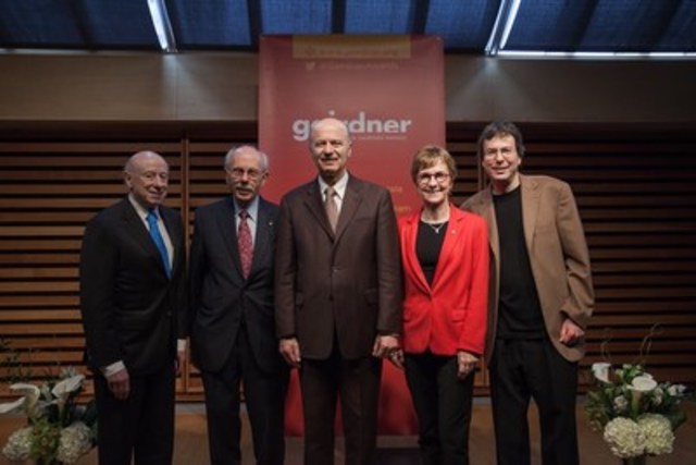 2017 Canada Gairdner Awards Announcement featuring (L to R): Dr. Joe Goldstein (Lasker Foundation), Dr. Antoine M. Hakim (2017 Canada Gairdner Wightman Awardee/University of Ottawa), Minister Reza Moridi (Minister of Research, Innovation and Science), Dr. Janet Rossant (Gairdner Foundation) and Dr. Lewis Kay (2017 Canada Gairdner International Awardee/University of Toronto/ The Hospital for Sick Children) (CNW Group/Gairdner Foundation)