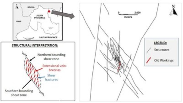 Figure 1. Map of the vein system in which La Niquelina Mine lies, with inset locality map of northern Argentina and a diagram that illustrates the conceptual exploration model for additional mineralized veins in the district. (CNW Group/U3O8 Corp.)