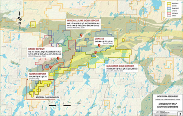 The Trove Property is a direct extension of the south west mineralized trend that Bonterra is currently exploring on its Gladiator gold deposit and Coliseum gold property. (CNW Group/BonTerra Resources Inc.)