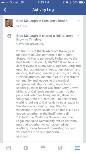 BudTrader.com CEO Brad McLaughlin Invites Governor Jerry Brown to Annual 420 Ball