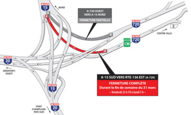 Projet Turcot à Montréal - Fermeture de la bretelle menant de l'autoroute 15 sud vers la route 136 est (A-720) durant la fin de semaine du 31 mars 2017