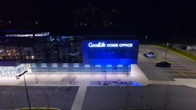 GoodLife Fitness tests out blue floodlights on its home office building in advance of World Autism Awareness Day on April 2. Canadian businesses are encouraged to 'Light it up Blue' as part of a global awareness effort led by Autism Speaks (CNW Group/GoodLife Fitness)