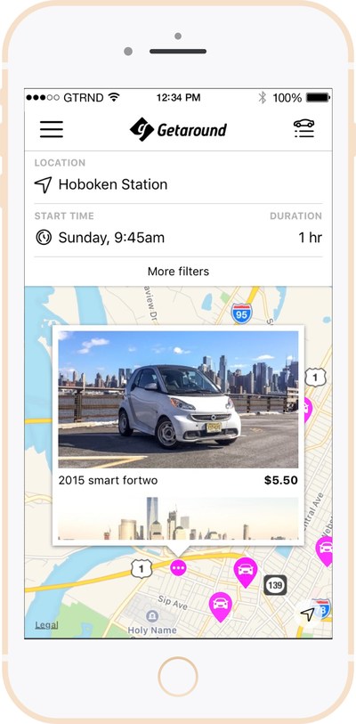 Getaround shows you cars nearby that are available to rent by the hour.