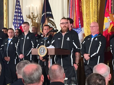 Wounded Warrior Project's Deven Schei speaks at the White House, talking about the impact of Soldier Ride.