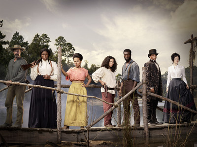(L - R): Christopher Meloni as August, Aisha Hinds as Harriet Tubman, Amirah Vann as Ernestine, Jurnee Smollett-Bell as& Rosalee, Aldis Hodge as Noah,& Alano Miller as Cato, and Jessica de Gouw as Elizabeth Hawkes  in WGN America's "Underground."