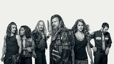 (L-R) Kyle Gallner as Hasil, Christina Jackson as Sally-Ann, David Morse as Big Foster, Ryan Hurst as Lil Foster, Gillian Alexy as G'Winveer, and Thomas M. Wright as Sheriff Houghton in WGN America's "Outsiders."