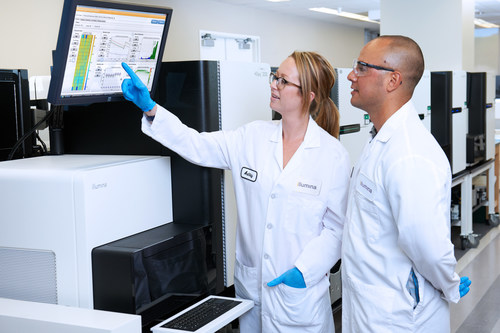 Illumina researchers reviewing data on a HiSeq Sequencing Instrument