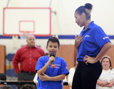 Student Jose Juarez asks a question as WNBA Legend Allison Feaster stands by at Victor Fields Elementary School in McAllen, Texas. BBVA Compass and WNBA Cares partnered to promote financial literacy at the school.(NOTE TO USER: User expressly acknowledges and agrees that, by downloading and/or using this Photograph, user is consenting to the terms & conditions of the  Getty Images License Agreement. Mandatory Copyright Notice: Copyright 2017 NBAE (Photo by Nathan Lambrecht/NBAE via Getty Images)