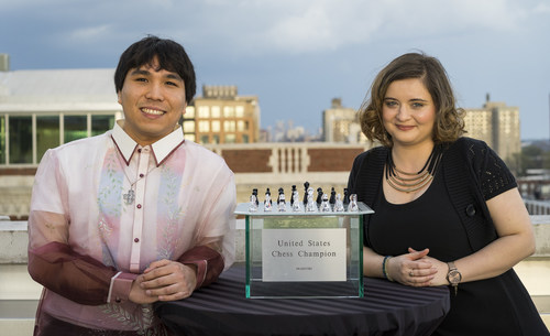 Grandmaster Wesley So, 23, and Women's Grandmaster Sabina Foisor, 27, celebrate their U.S. Chess Championship and U.S. Women's Championship wins, respectively, at the tournaments’ Closing Ceremony April 10, 2017. The nation's most elite chess competitions were held at the Chess Club and Scholastic Center of Saint Louis for the ninth year in a row, March 28 – April 10, 2017. Photo Credit: Chess Club and Scholastic Center of Saint Louis / Lennart Ootes.