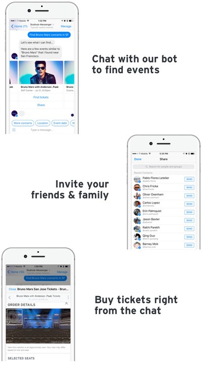 StubHub’s new Facebook Messenger chatbot serves as a personal event concierge, asking questions and recommending local and upcoming events based on the information that a user supplies