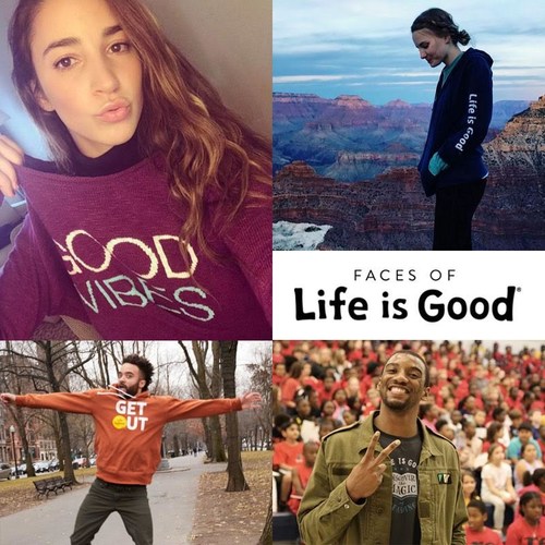 Faces of Life is Good #ThisIsOptimism (clockwise from top-left): World champion gymnast Aly Raisman promotes female empowerment, Instagram user @Anniegracesiroky visits the Grand Canyon, New England Patriots' Malcolm Mitchell shares his love of reading, Instagram user @Mookie embraces a positive outlook on life.