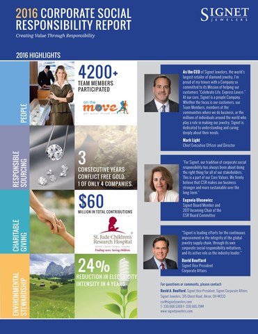 Signet Jewelers Releases Corporate Social Responsibility Report Detailing Industry-Leading Responsible Sourcing, CSR Initiatives