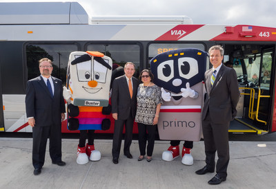 (l. to r.) VIA President/CEO Jeffrey C. Arndt, VIA mascot Buster, CPS Energy Board Chair Ed Kelley, VIA Board of Trustees Chair Hope Andrade, VIA mascot Primo, and CPS Energy Chief Operating Officer Dr. Cris Eugster.